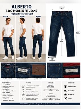 ALBERTO T400 Modern Fit Jeans Men’s 32” Dark Wash Stretch Denim Germany